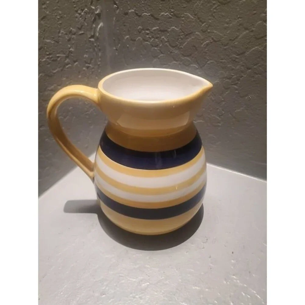 Crate & Barrel Yellowish Tan, Navy Blue and White Striped Rugby Pitcher 7.5